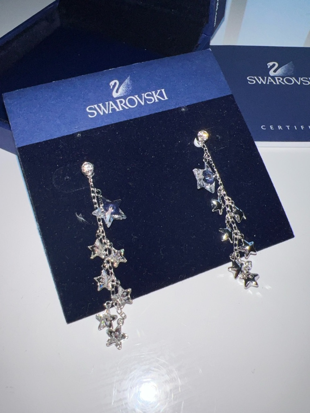 Swarovski Silver Star Cascade Drop Earrings with Clear Crystals and Pink Top